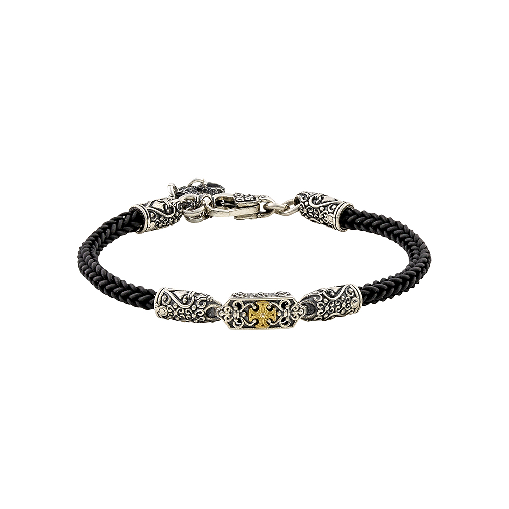 Silver Maltese Cross Bracelet with Rubber Braided Cord and Ornate Silver Embaellishments B151-5