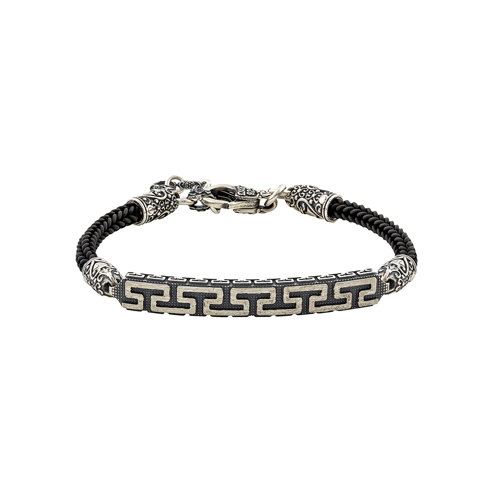 Sterling Silver Bracelet with Rubber Braided Cord,Meander Motifs and Silver Embellishments B152-4