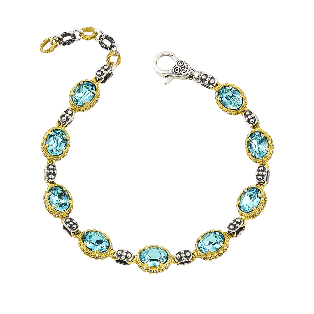 Sterling Silver Link Bracelet with Oval Swarovski Crystals and Zircon B162-1