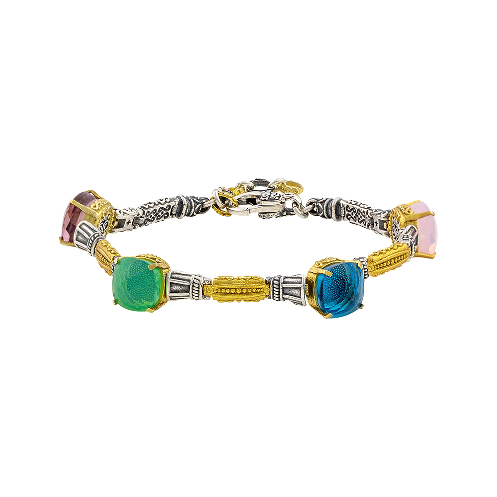 Multicolor Square Cat Eye Gemstones Link Bracelet B166