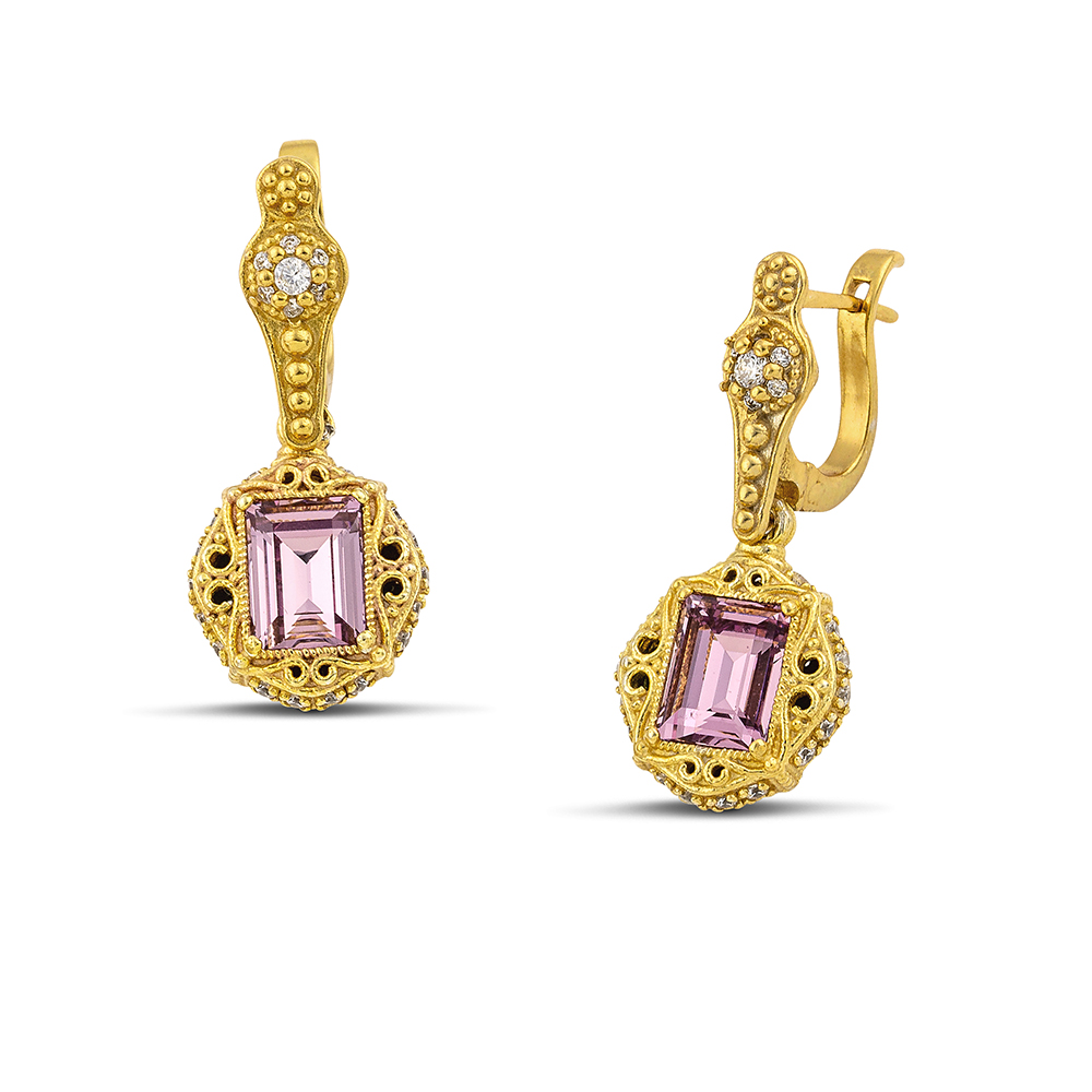 Drop Earrings with Rectangular Swarovski Crystals on Gold Bezels and Zircon S158