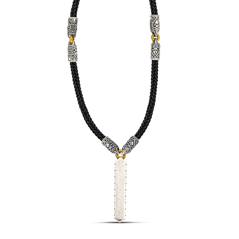 Rectangular Pendant Necklace with Rubber Braided Cord, Brushed and Ornate Silver Embellishments M150-1
