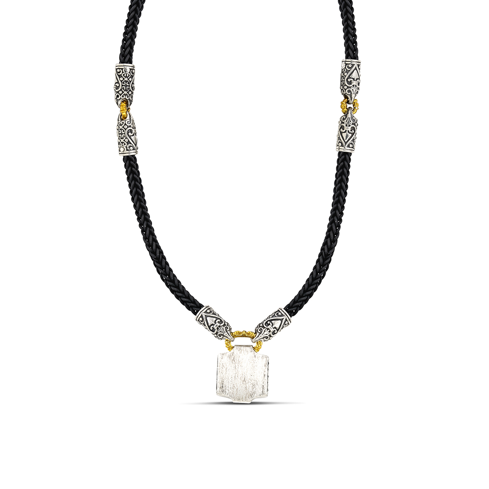 Square Pendant Necklace with Rubber Braided Cord , Brushed and Ornate Silver Embellishments M150