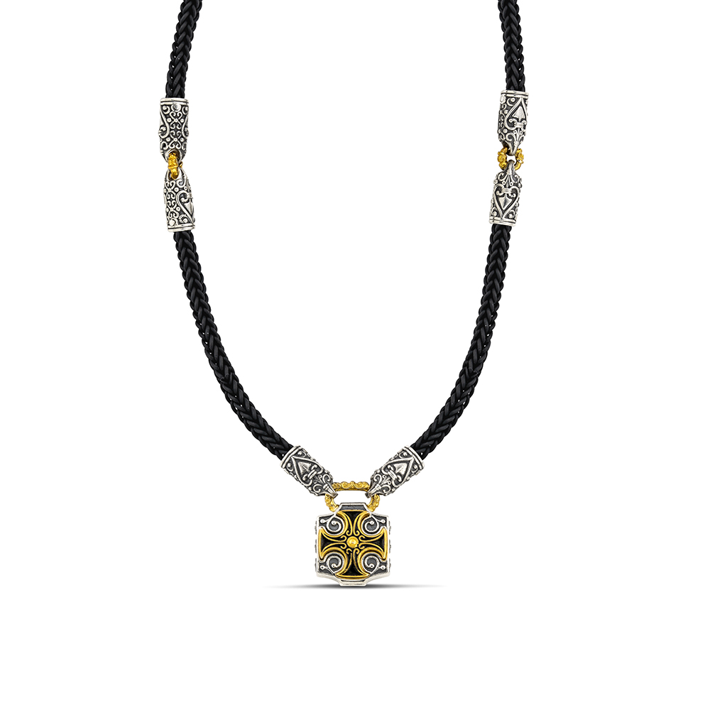 Silver Maltese Cross Square Pendant Necklace With Rubber Braided Cord and Ornate Embellishments M151