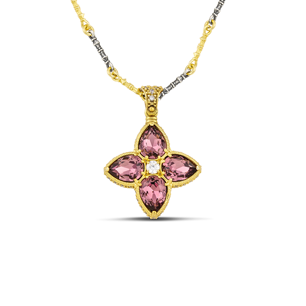 Floral Pendant Necklace with Teardrop Shape Swarovski Crystals and Zircon M156 