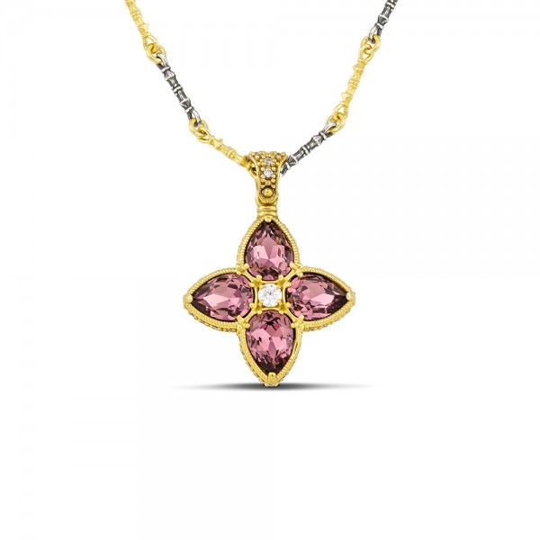 Floral Pendant Necklace with Teardrop Shape Swarovski Crystals and Zircon M156 