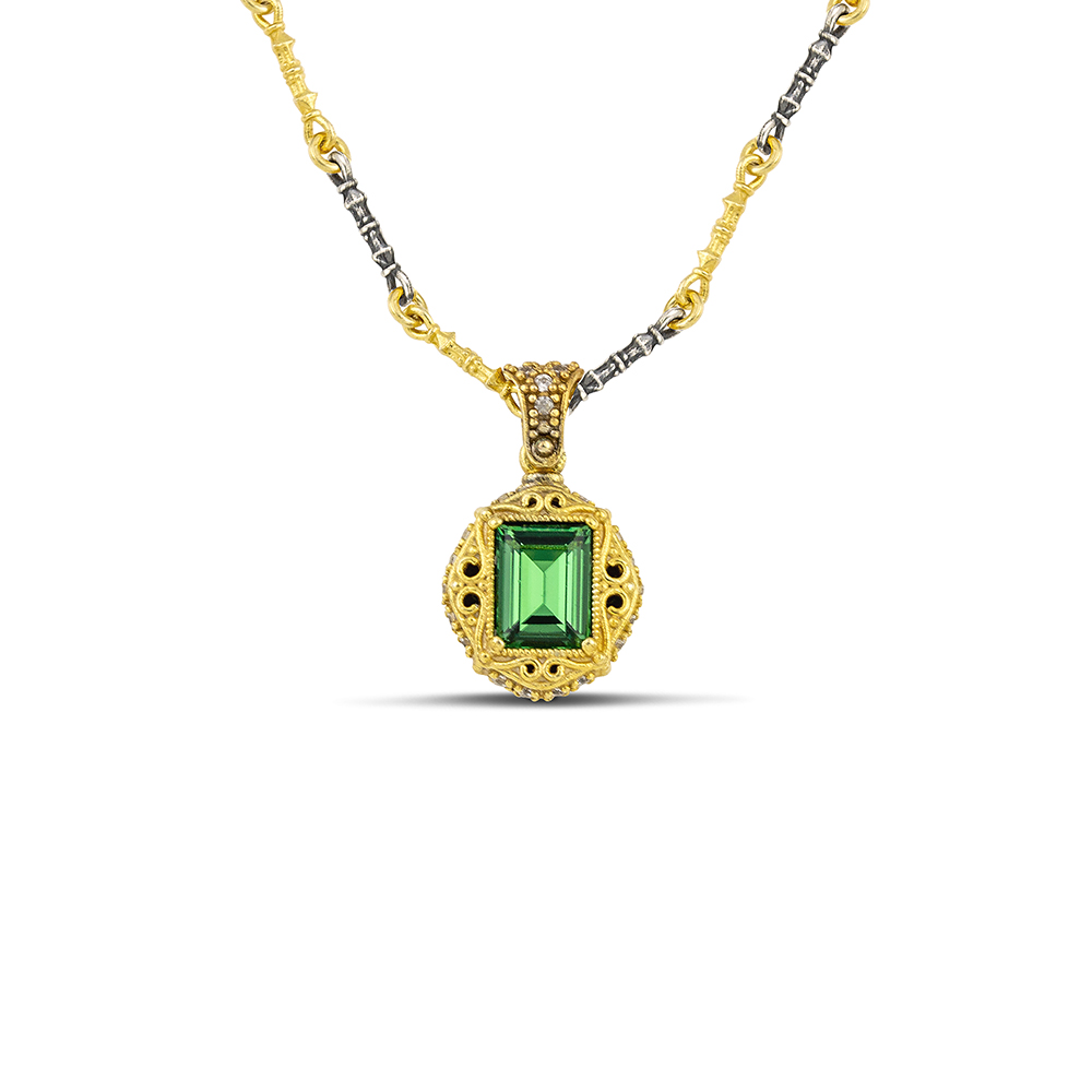 Rectangular Swarovski Crystal in Gold Plated Bezel and Zircon Pendant Necklace M158
