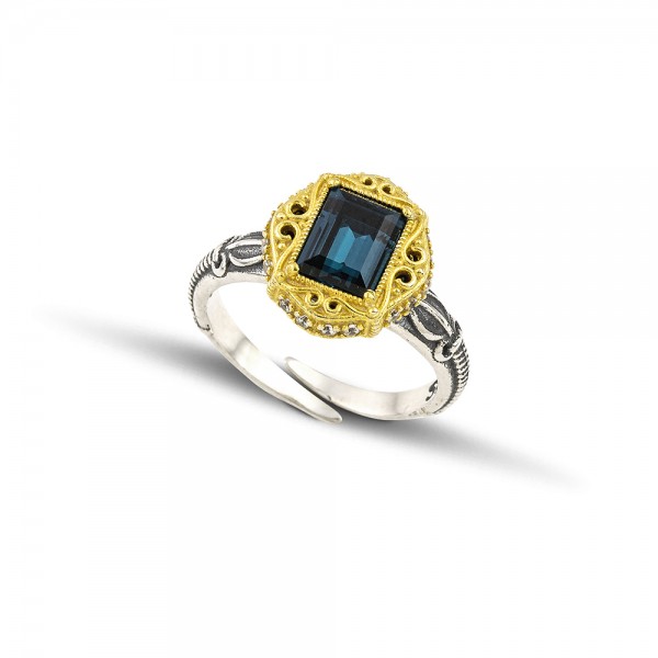 Single Stone Ring with Rectangular Swarovski Crystal in Gold Bezel and Zircon D158 Single Stone Ring with Rectangular Swarovski Crystal in Gold Bezel and Zircon D158