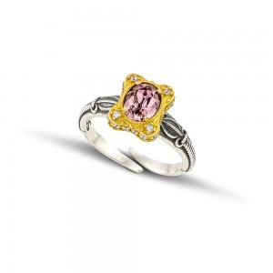  Single Stone Ring with Oval Swarovski Crystal in Gold Bezel and Zircon D159
