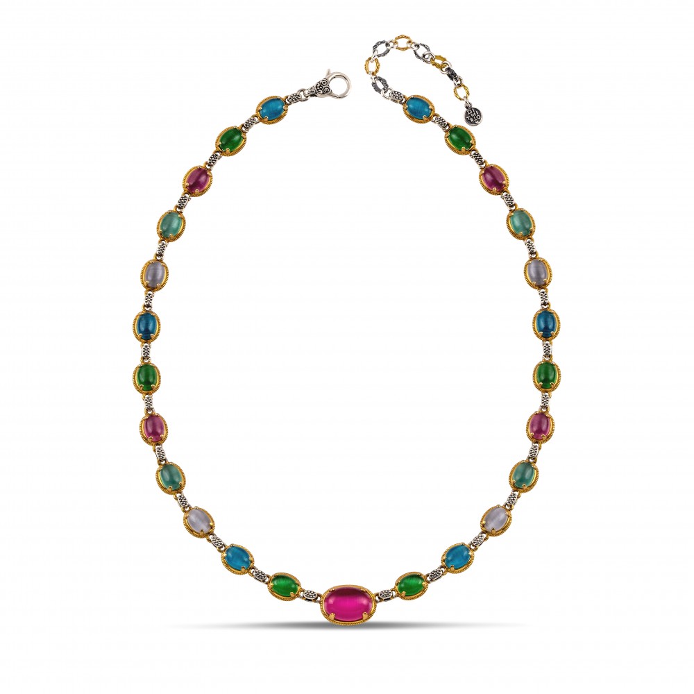 Sterling Silver Necklace with Cat Eye Stones K174