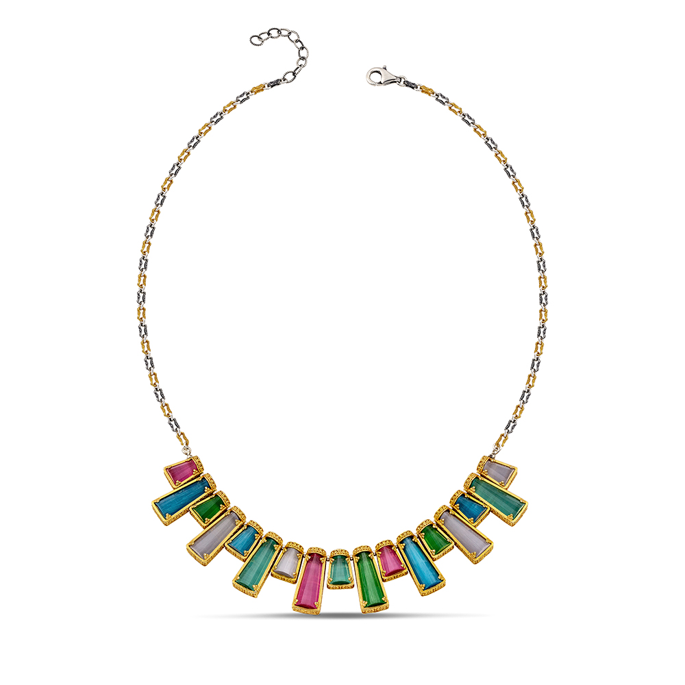 Sterling Silver Necklace with Cat Eye Stones K184