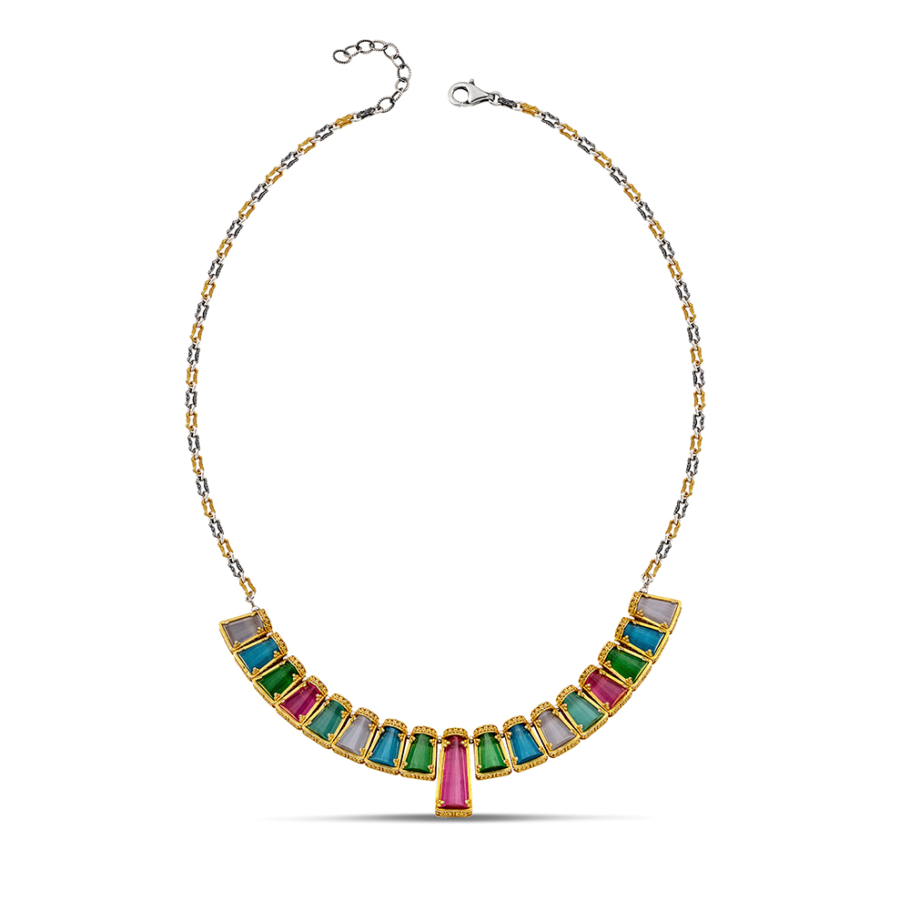 Sterling Silver Necklace with Cat Eye Stones K184-3