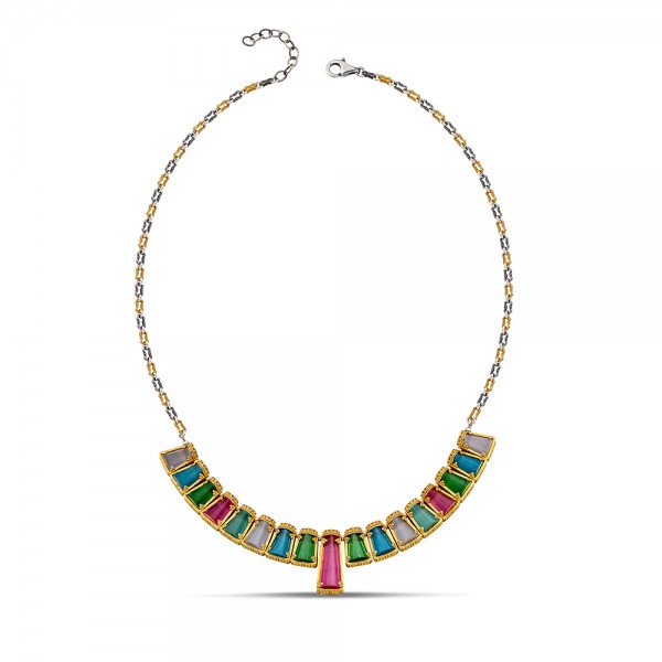 Sterling Silver Necklace with Cat Eye Stones K184-3