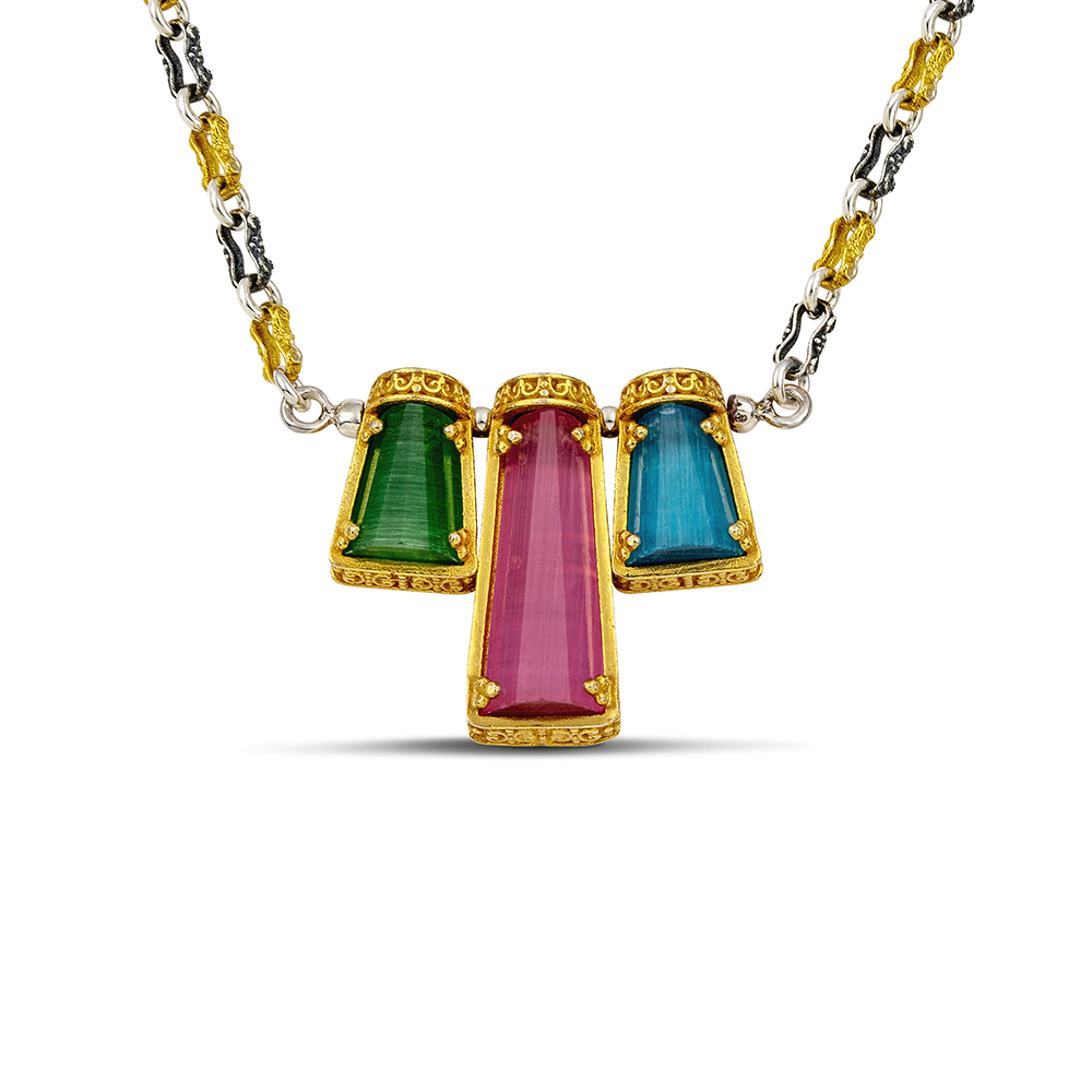 Sterling Silver Necklace with Cat Eye Stones K184-4