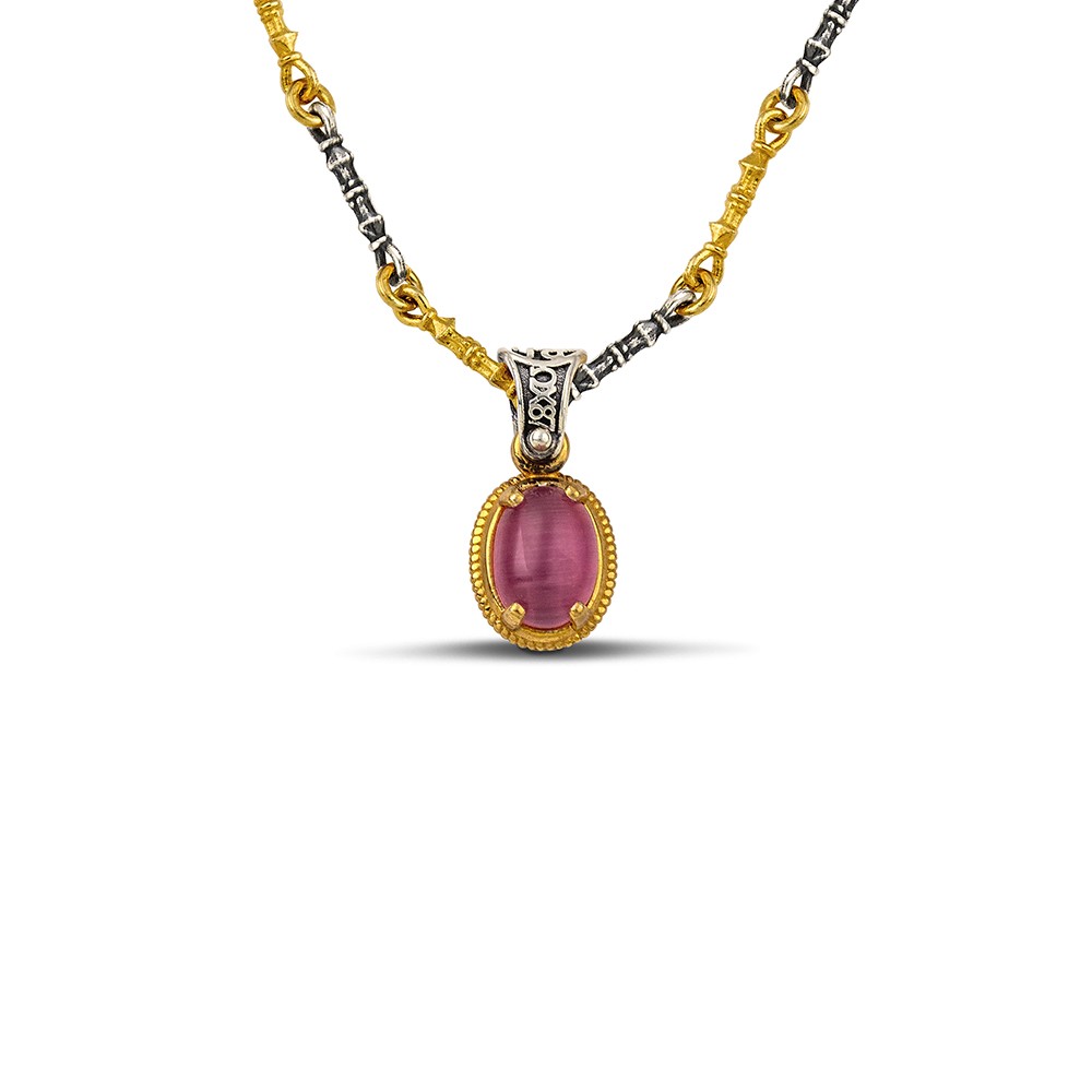 Sterling Silver Pendant with Cat Eye stone and Gold Plated Trim  M174-1