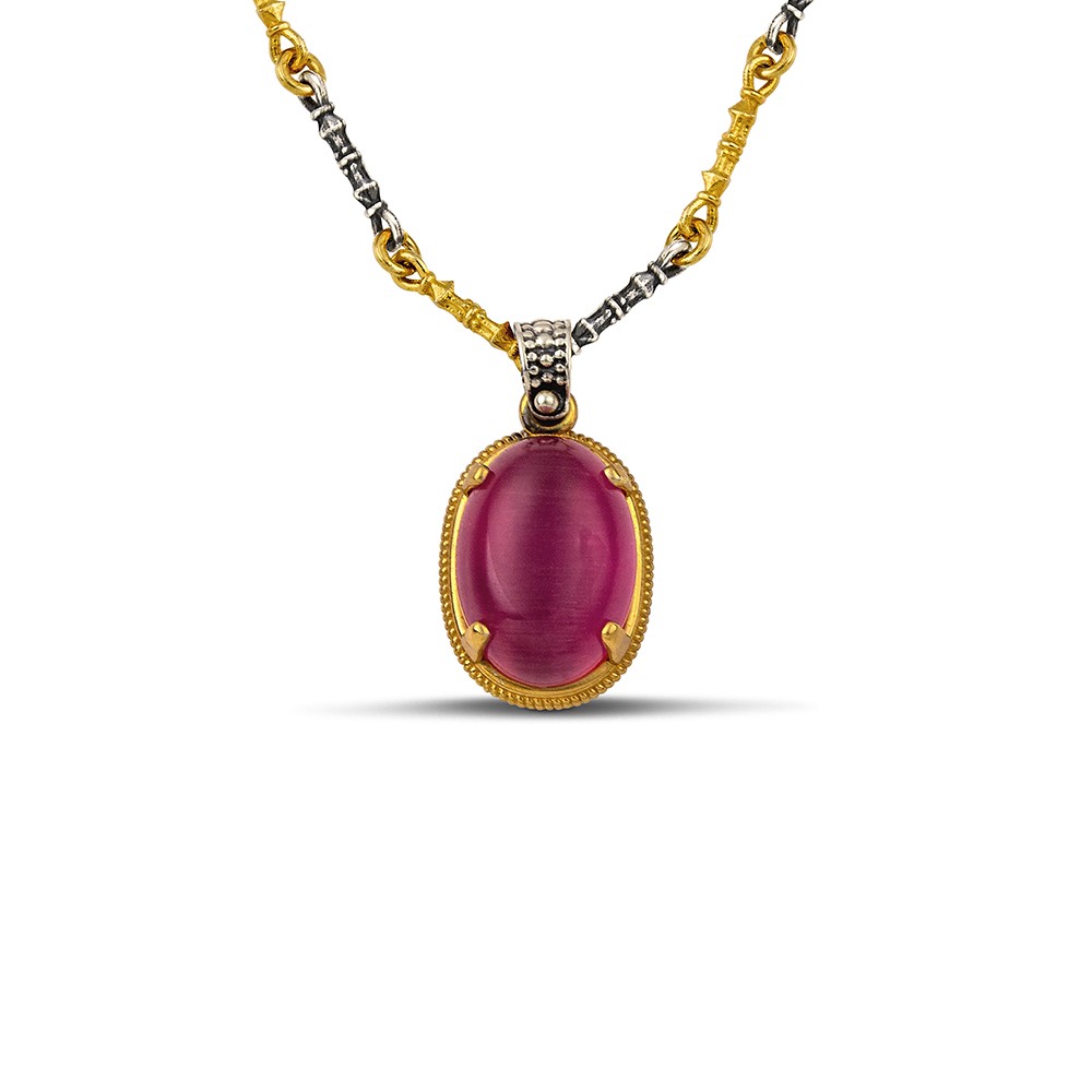 Sterling Silver Pendant with Cat Eye stone and Gold Plated Trim M174 