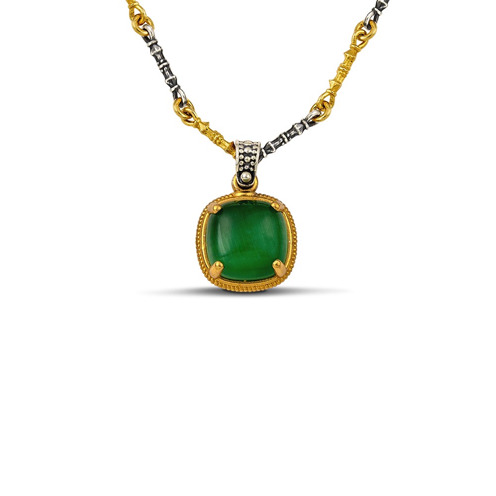 Sterling Silver Pendant with Cat Eye Stone and Two tone Chain M182-1