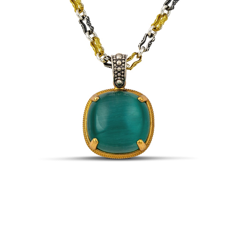 Sterling Silver Pendant with Cat Eye stone and Two tone Chain M182