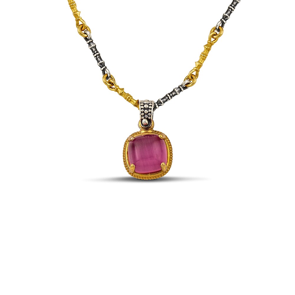 Sterling Silver Pendant with Cat Eye Stone and Two tone Chain M182-2