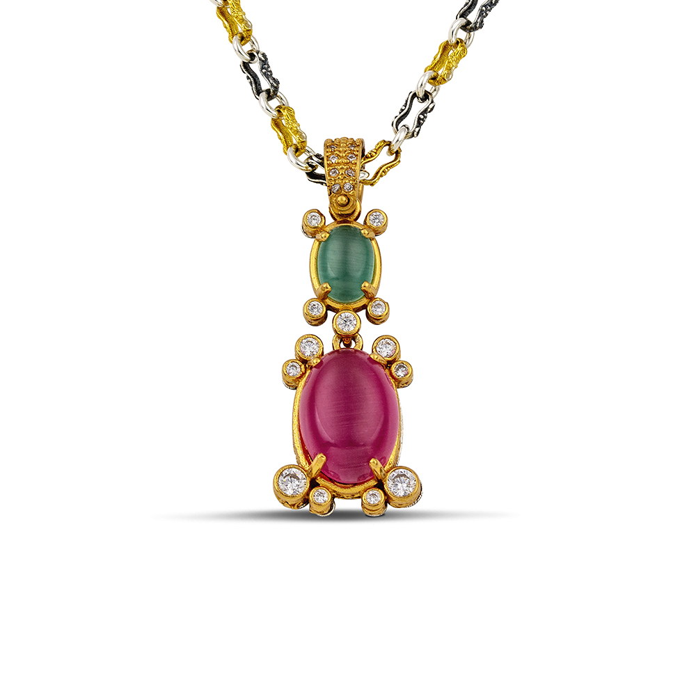 Sterling Silver Pendant with Cat Eye Stones Embellished with Zircon in a gold-plated frame  and Two tone Chain M183