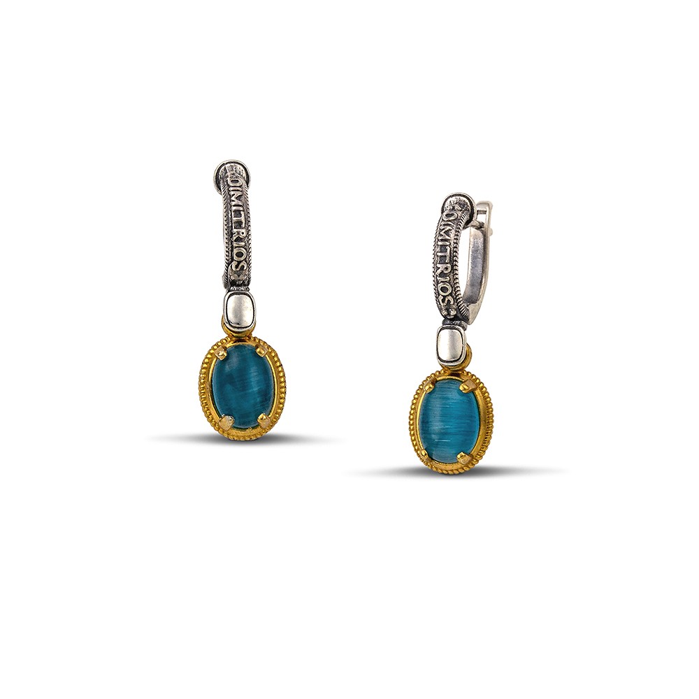 Sterling Silver Earrings with Cat Eye Stones and Gold Plated Trim S174-1