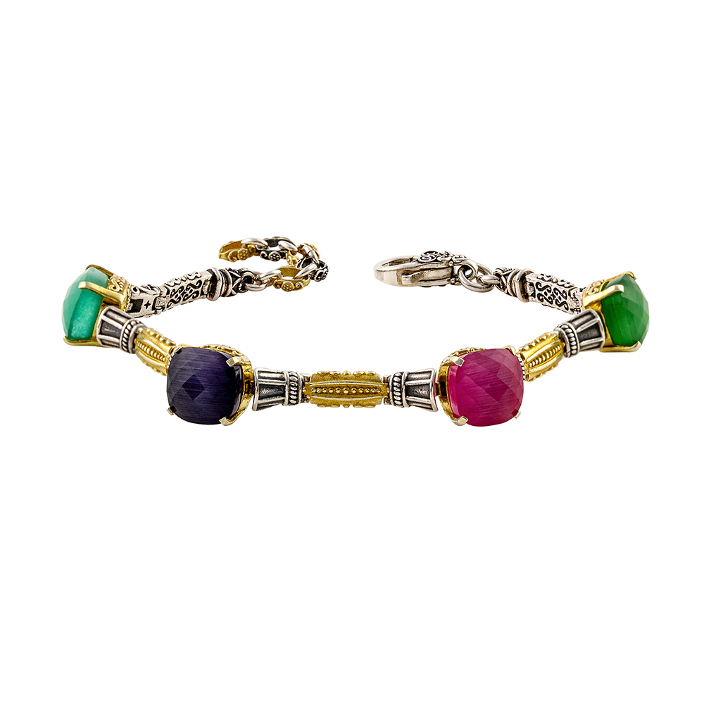Multicolor Square Cat Eye Gemstones Link Bracelet B166