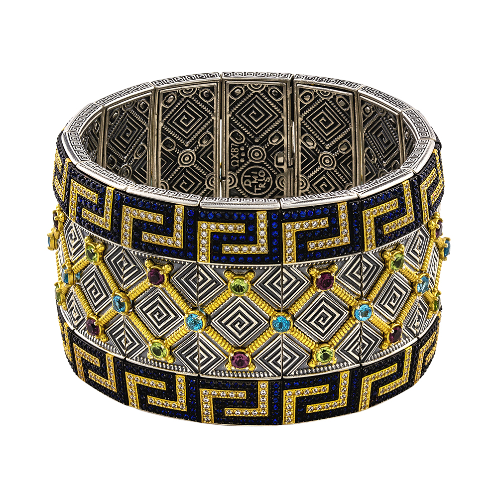 Meander Wide Bangle Bracelet with Semi-Precious Stones and Zircon B168