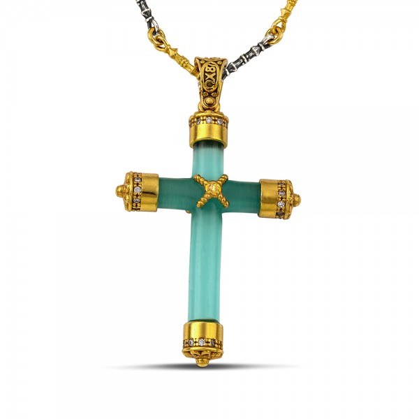 Sterling Silver Cross with Zircon Stones and Cat Eye  C18 Without Chain