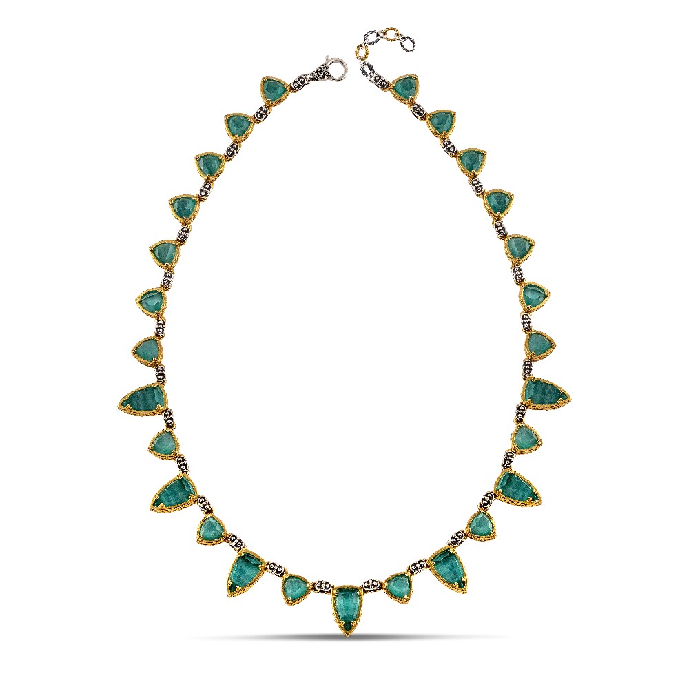 Sterling Silver Necklace with Triangular Elements and Cat Eye Stones K185-5