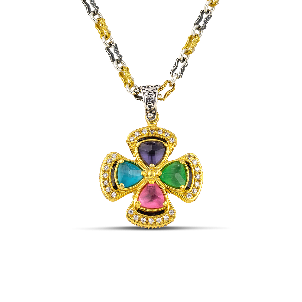 Four Stone Multicolor Triangular Cat Eye Large Pendant Necklace with Two-Tone Chain M165-2