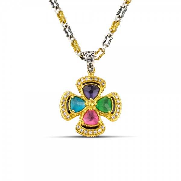 Four Stone Multicolor Triangular Cat Eye Large Pendant Necklace with Two-Tone Chain M165-2