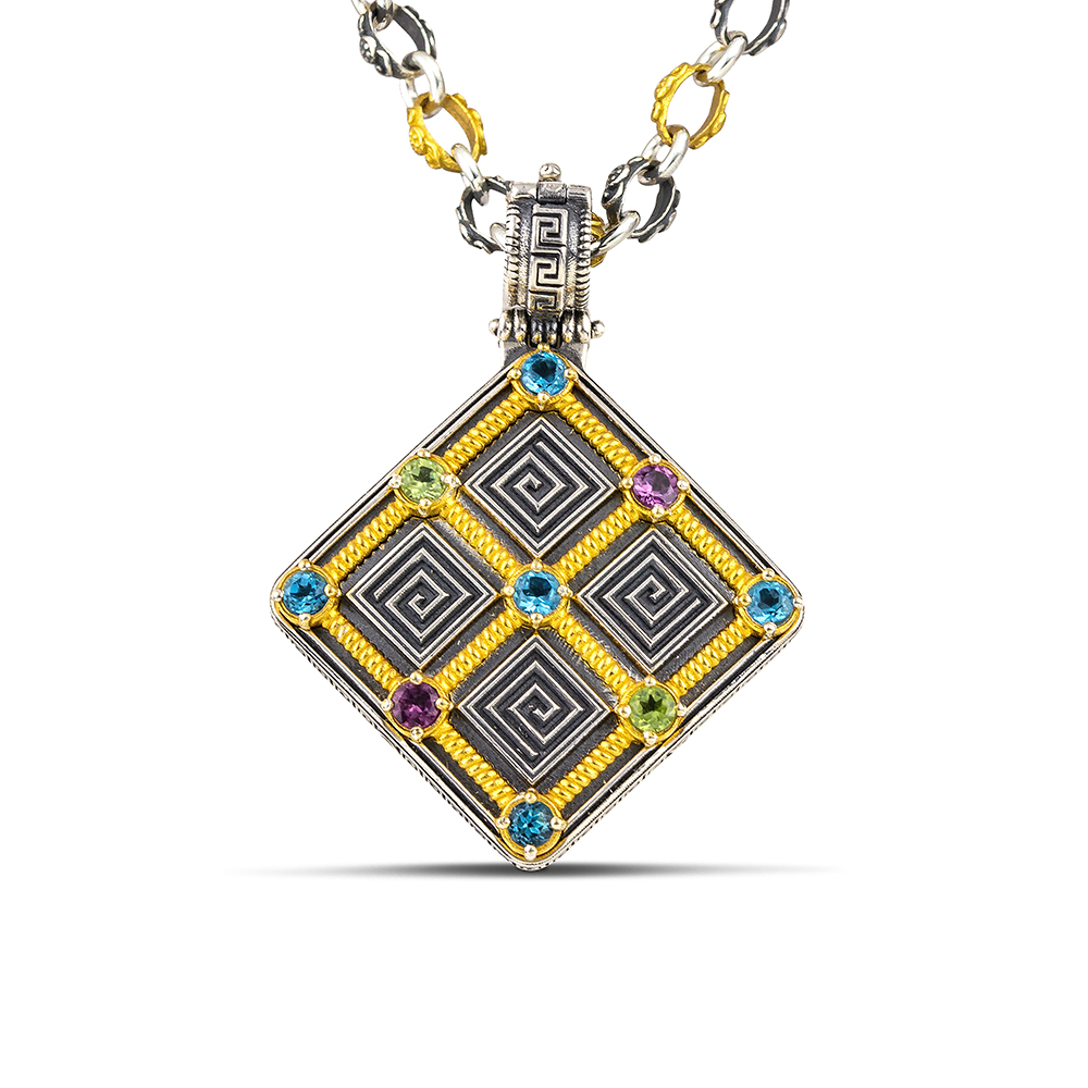 Meander Pendant Necklace with Semiprecious Stones and Two-Tone Chain M168