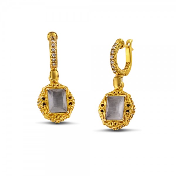 Drop Earrings with Rectangular Swarovski Crystals on Gold Bezels and Zircon S158