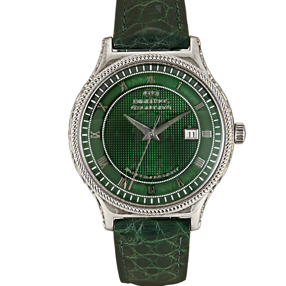 Sterling Silver Watch with Green Leather 
