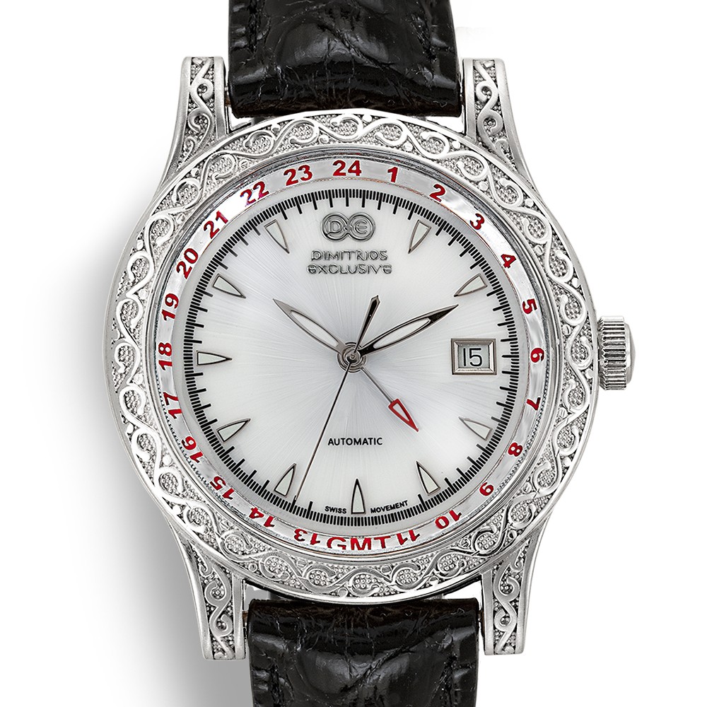 Automatic Sterling Silver Watch  with Black Leather AW1