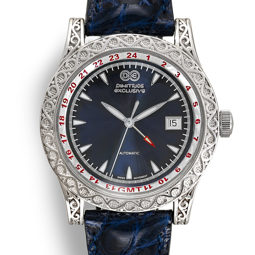 Automatic Sterling Silver Watch with Blue Leather AW11