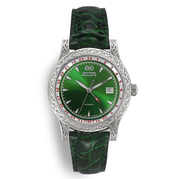 Automatic Sterling Silver Watch with Green Leather AW16 Automatic Sterling Silver Watch with Green Leather AW16
