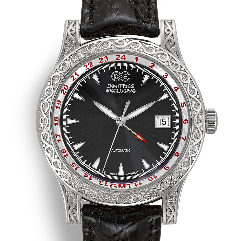 Automatic Sterling Silver Watch  with Black Leather AW6