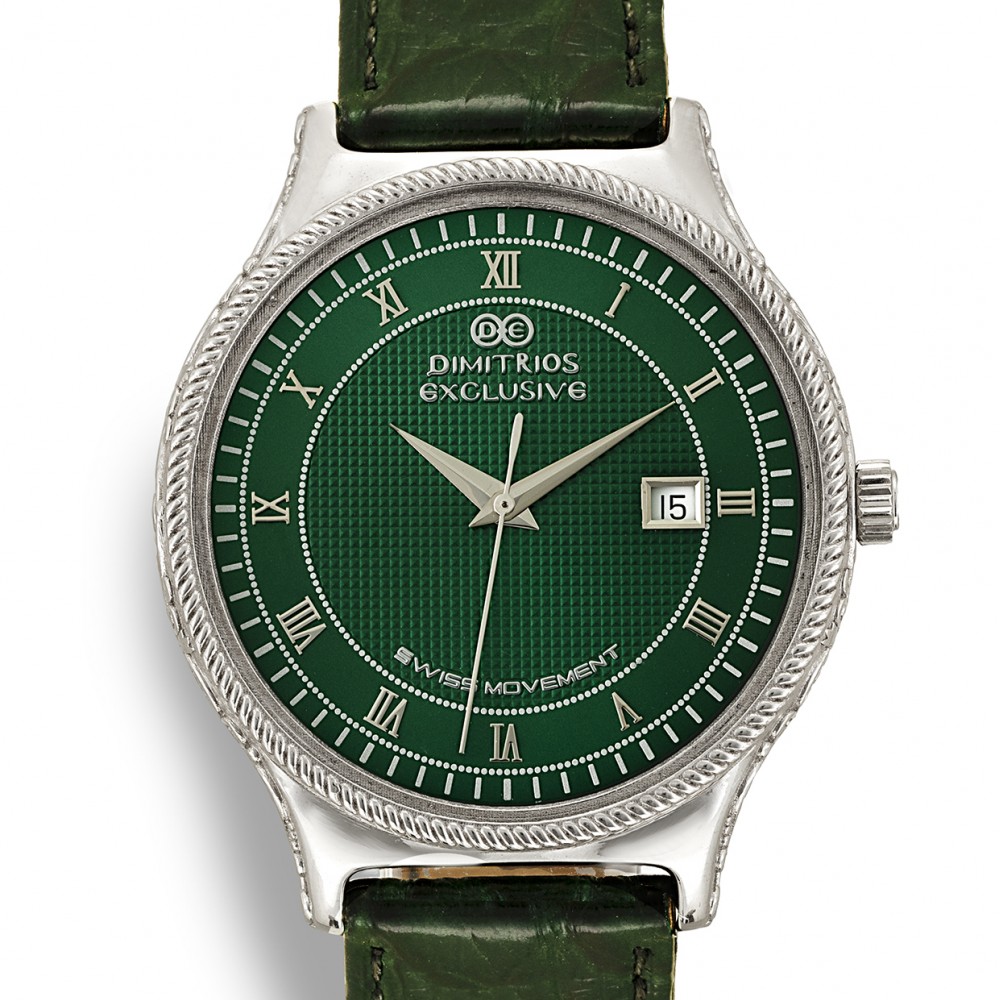 Silver Watch with green leather 