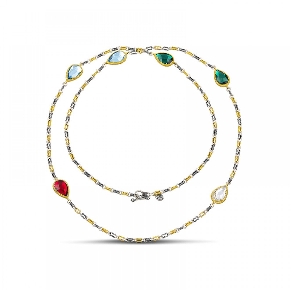 Reversible Sterling Silver Necklace with Multicolor Crystal Stones K131