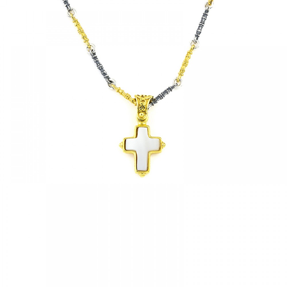 Sterling Silver Cross with Mother of Pearl and Two Tone Chain C20