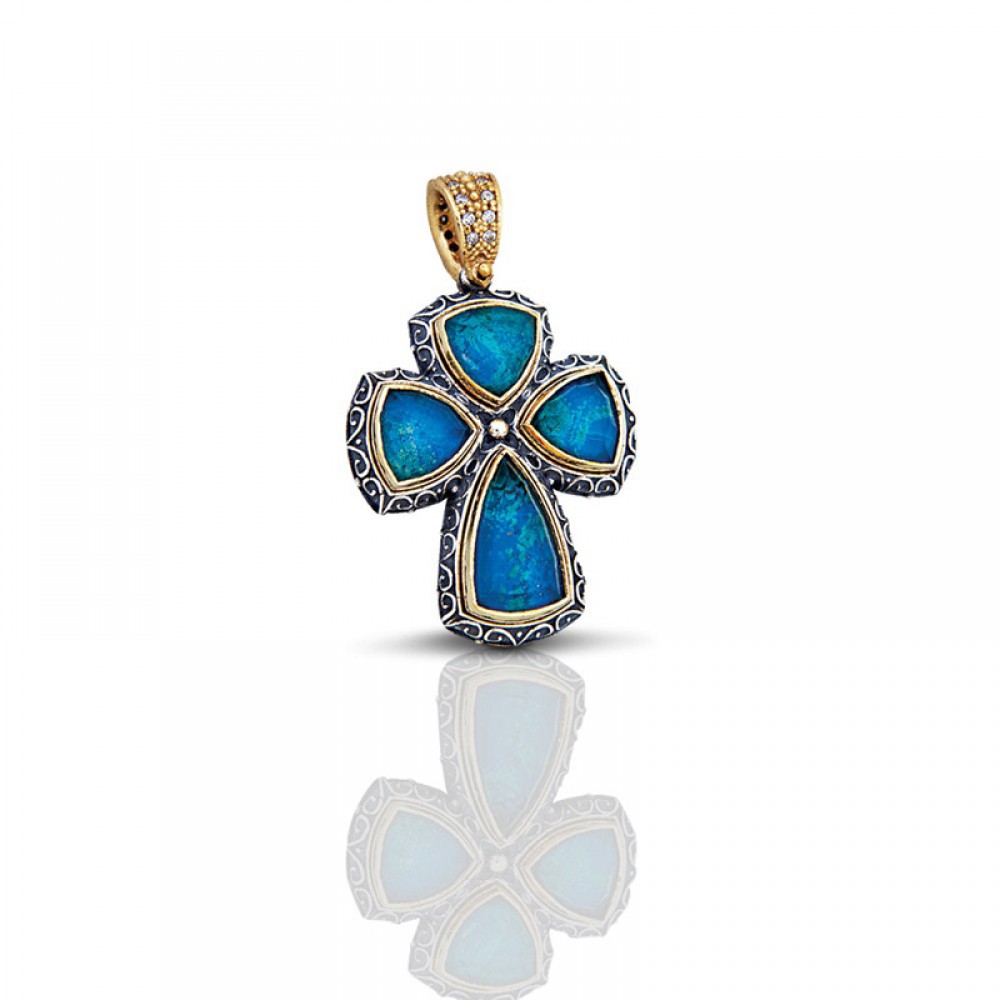 Sterling Silver Cross with Cat Eye Stones C002