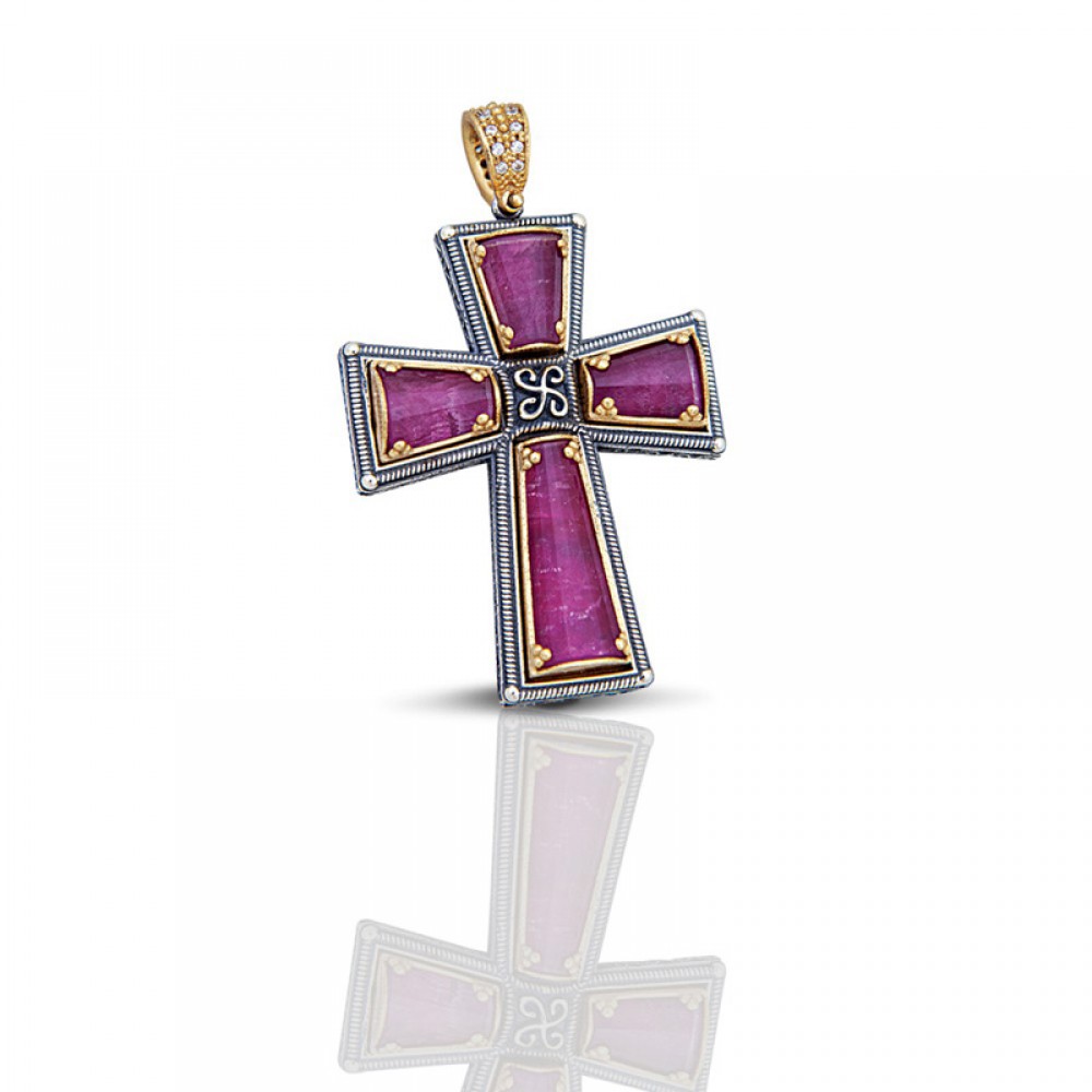 Sterling Silver Cross with Cat Eye Stones C004