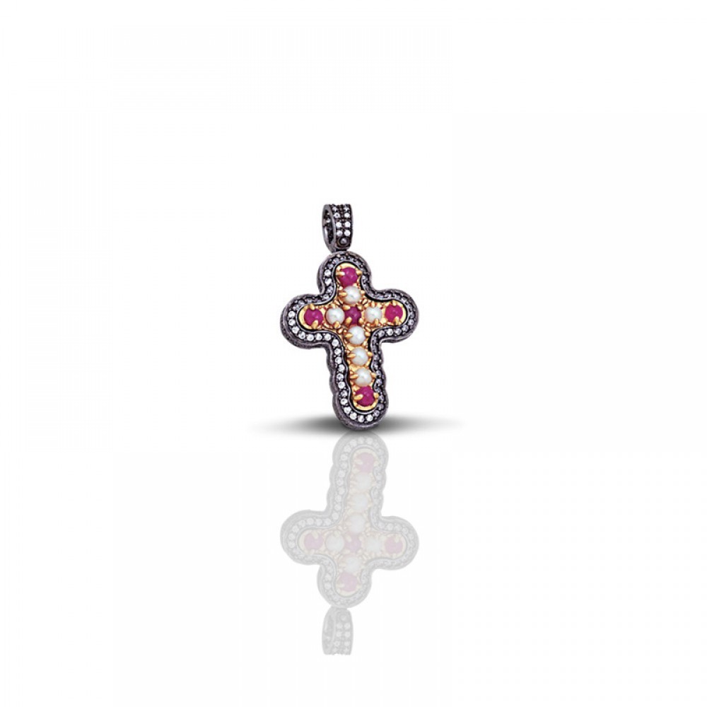 Sterling Silver Cross with Semiprecious Stones C011