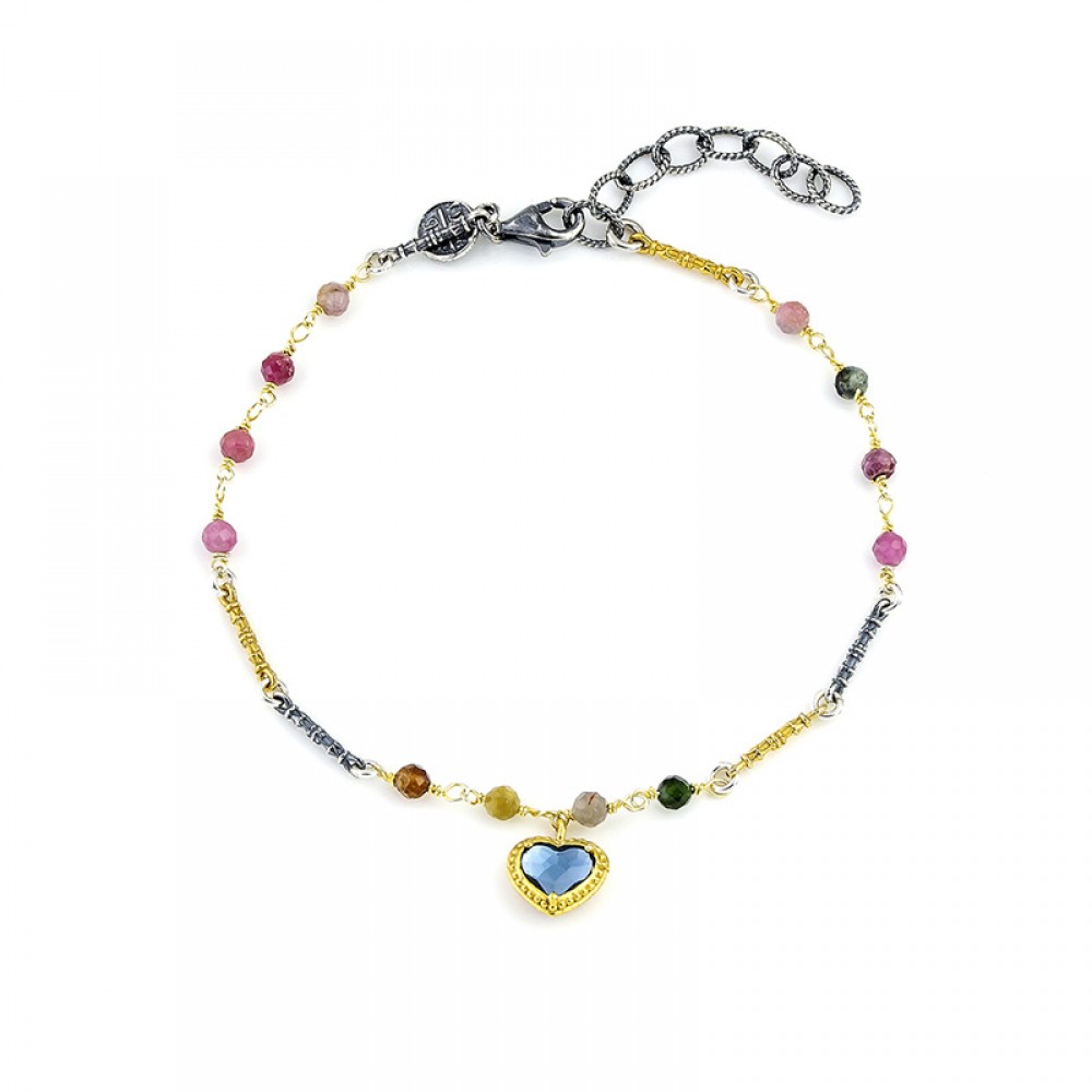 Bracelet with Blue and Pink Crystal in Heart Shape B135-5