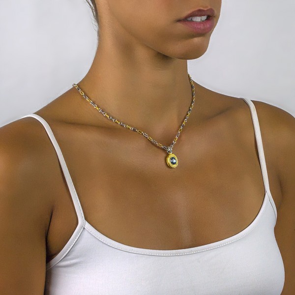 Reversible Sterling Silver Pendant with Swarovski  Crystal or Cat Eye stone ,  Gemstone & Two tone Chain M69