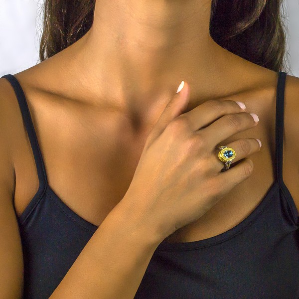 Reversible Ring with Swarovski Crystal or Cat Eye and Semi-Precious Stones D69